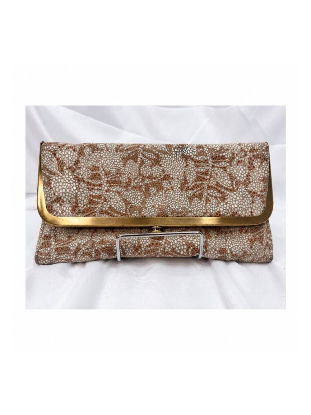 HOBO Lauren Double Frame Clutch Wallet Metallic Floral Leather Gold Brass